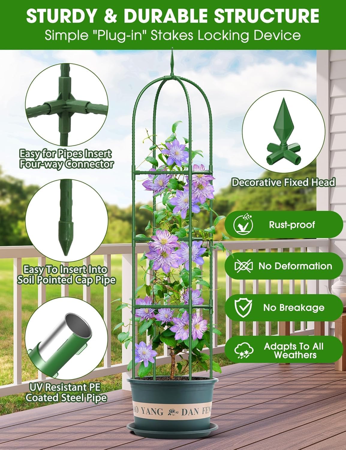 Garden Obelisk Trellis for Climbing Plants, 6FT Garden Obelisk Rustproof PE Coated Metal Potted Plant Climbing Support