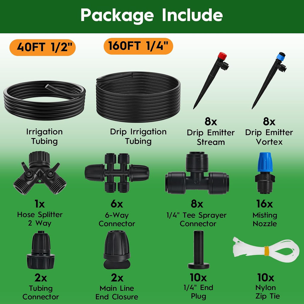 200FT Quick-Connect Drip Irrigation System, Automatic Irrigation Kit with 40FT 2/5" & 160FT 1/4" Tubing and Adjustable