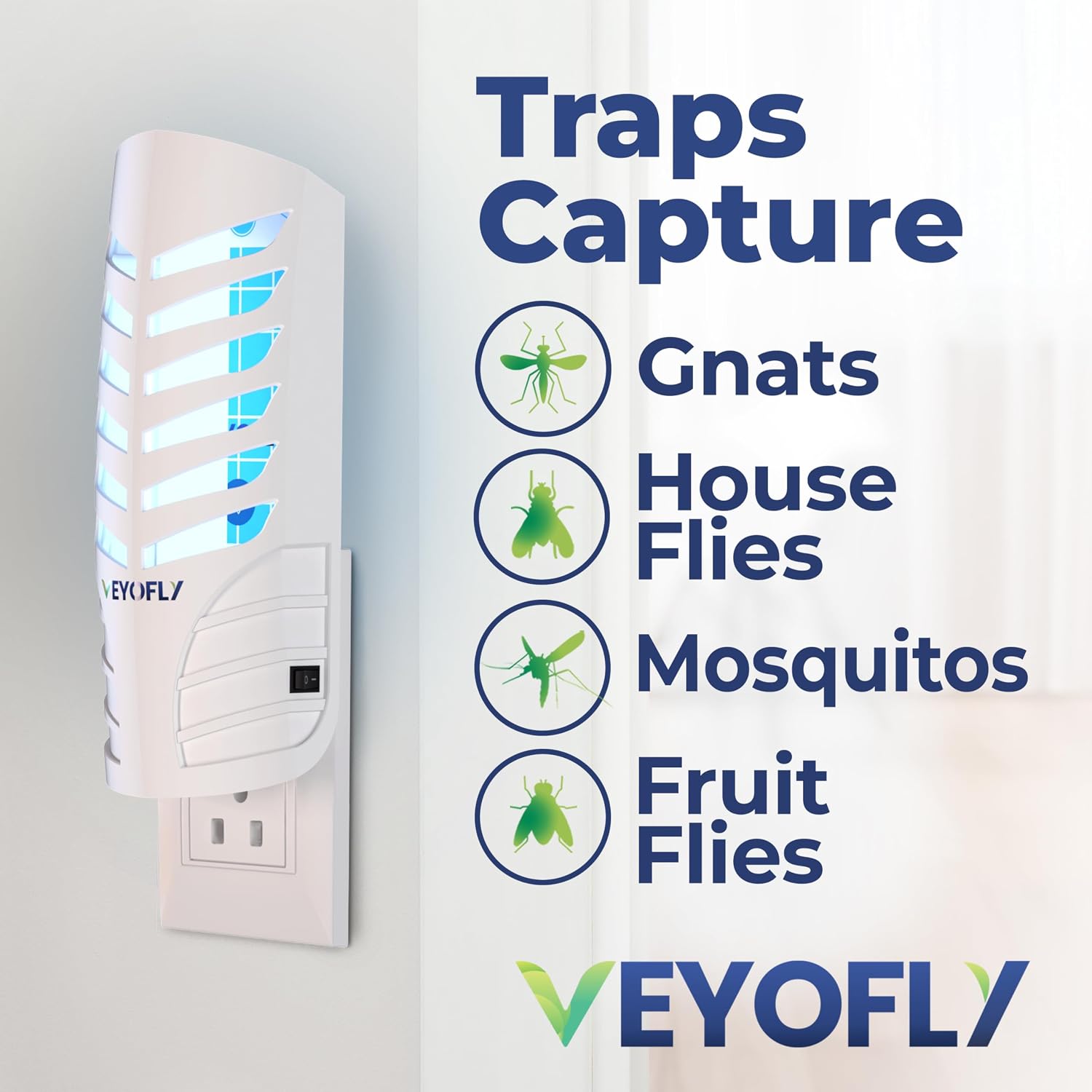 VEYOFLY Fruit Fly Traps Indoor Plug-in UV, Gnat Trap, 2 Device + 6 Refills | UV light attracts insects to glue cards