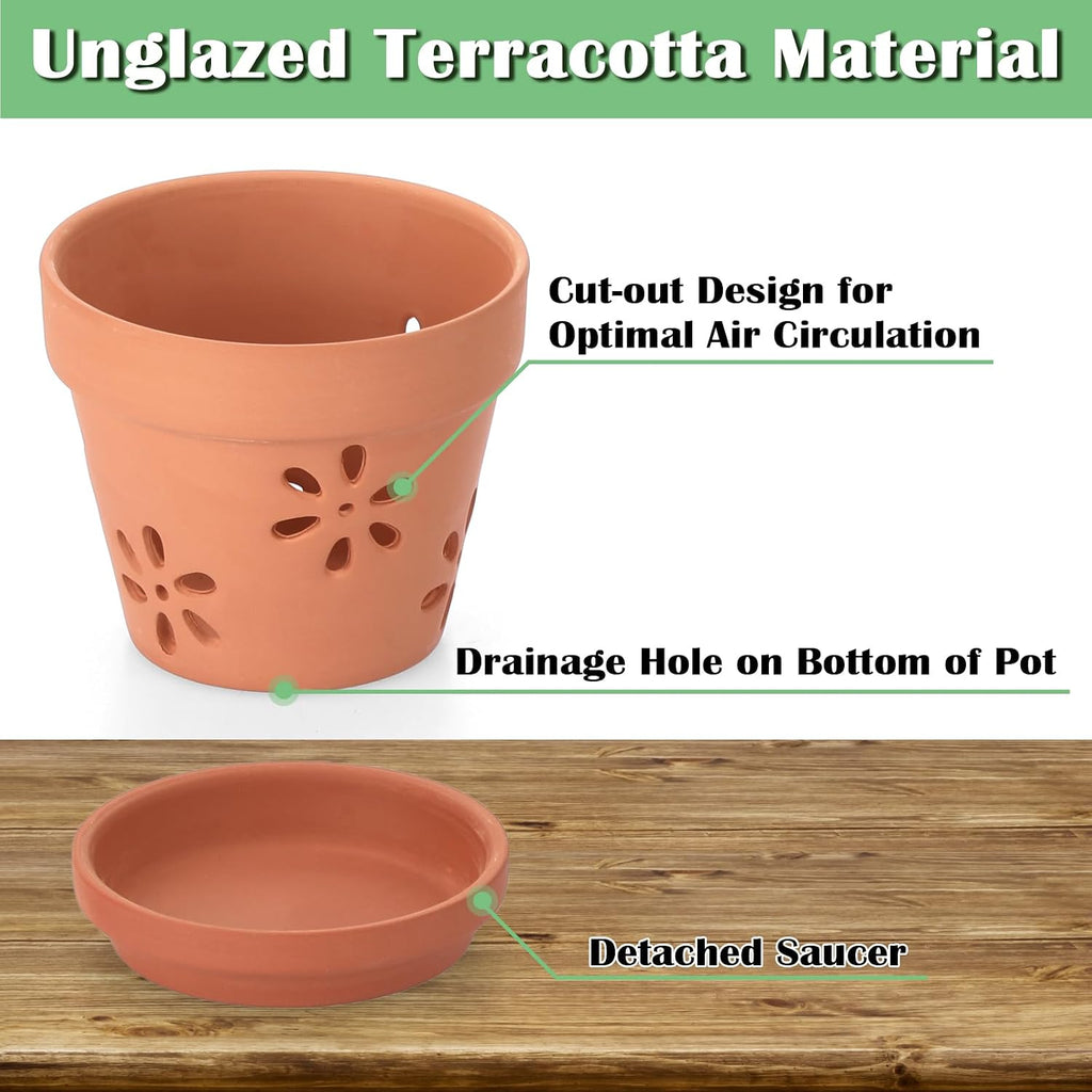 JUXYES Small 4" Hollowed Out Terracotta Orchid Pots with Holes and Saucer | 6 Pack Natural Rustic Clay Planter Pots for