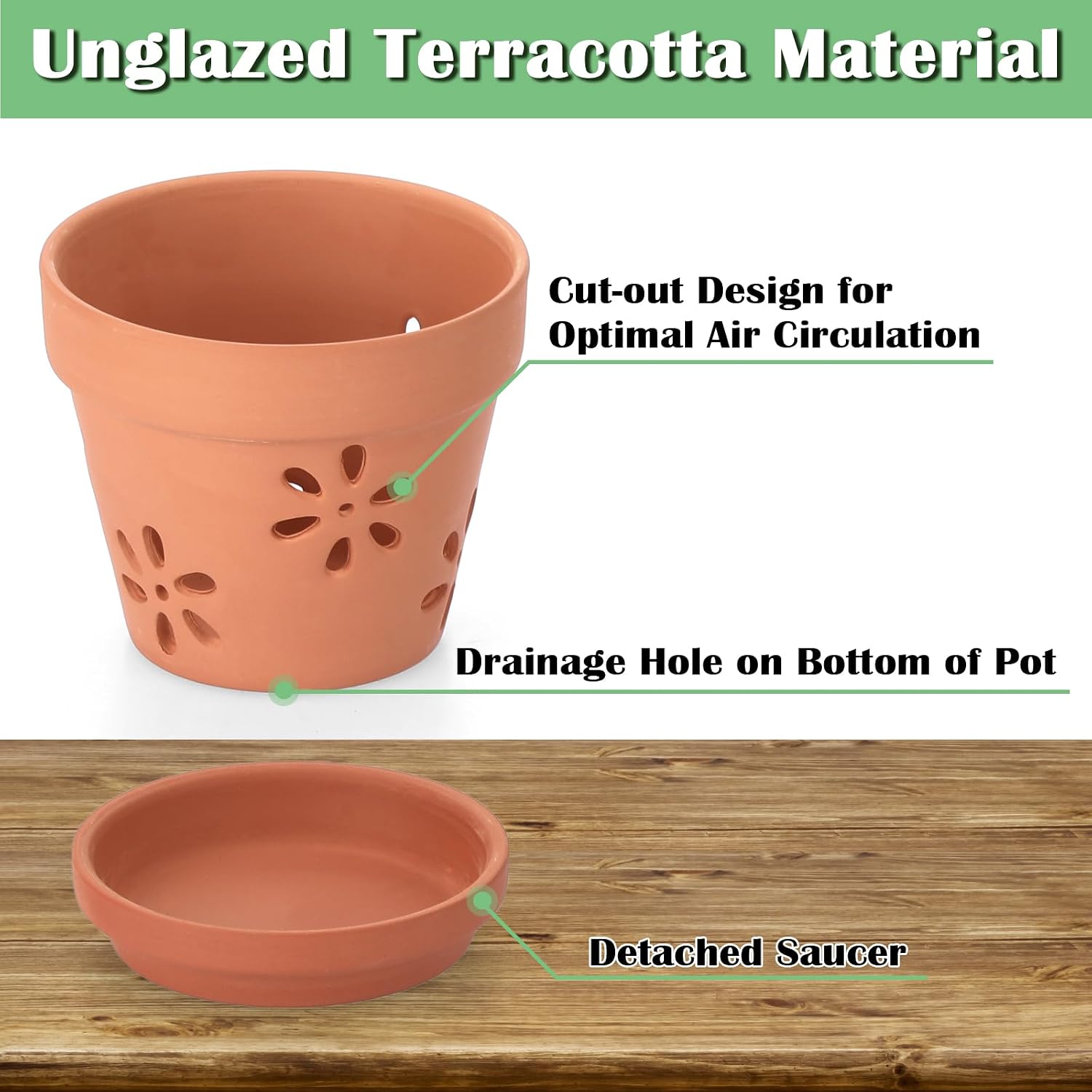 JUXYES Small 4" Hollowed Out Terracotta Orchid Pots with Holes and Saucer | 6 Pack Natural Rustic Clay Planter Pots for