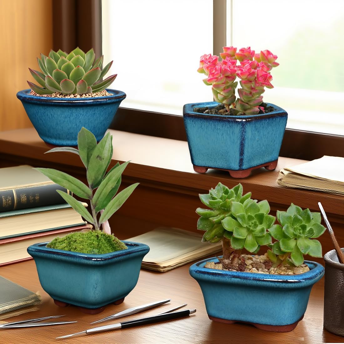 MUZHI 6PACK Glazed Bonsai Pot Planter 3" 4” Small Succulent Pots, Yixing Zisha Decorative Mame Bonsai Training Pot or