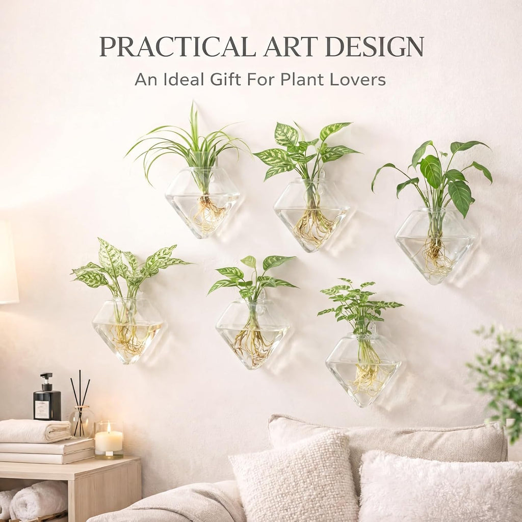 Yungyan 6 Pack Wall Mounted Glass Planter Borosilicate Glass Diamond Hanging Vase with Hidden Invisible Hook Hydroponic