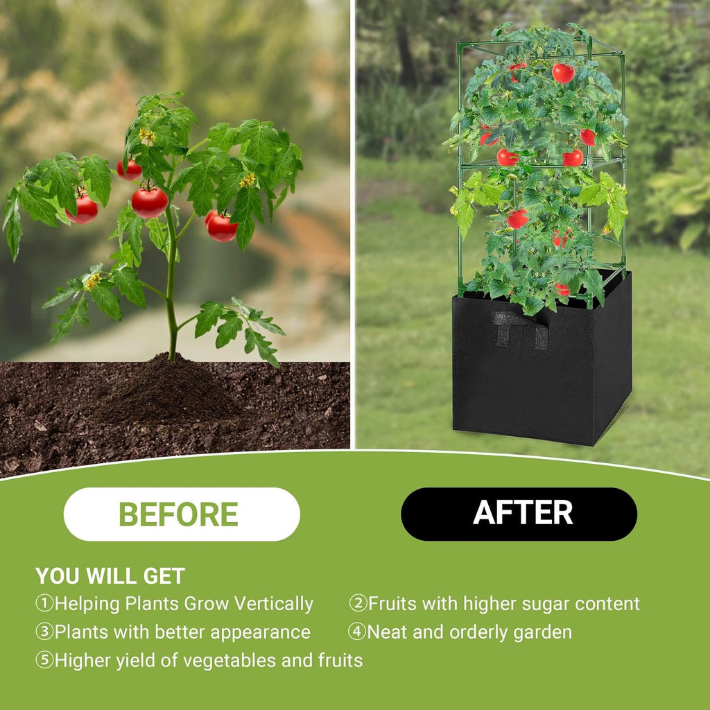 3 Pack Tomato Cages with 17 Gallon Grow Bags, 47” Heavy Duty Square Tomato Plant Stakes Support Cages Trellis for