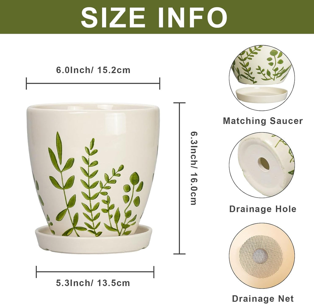 Ceramic Pots for Plants - 6 Inch Plant Pot for Indoor Outdoor Plants, Ceramic Planter with Drainage Hole and Saucer