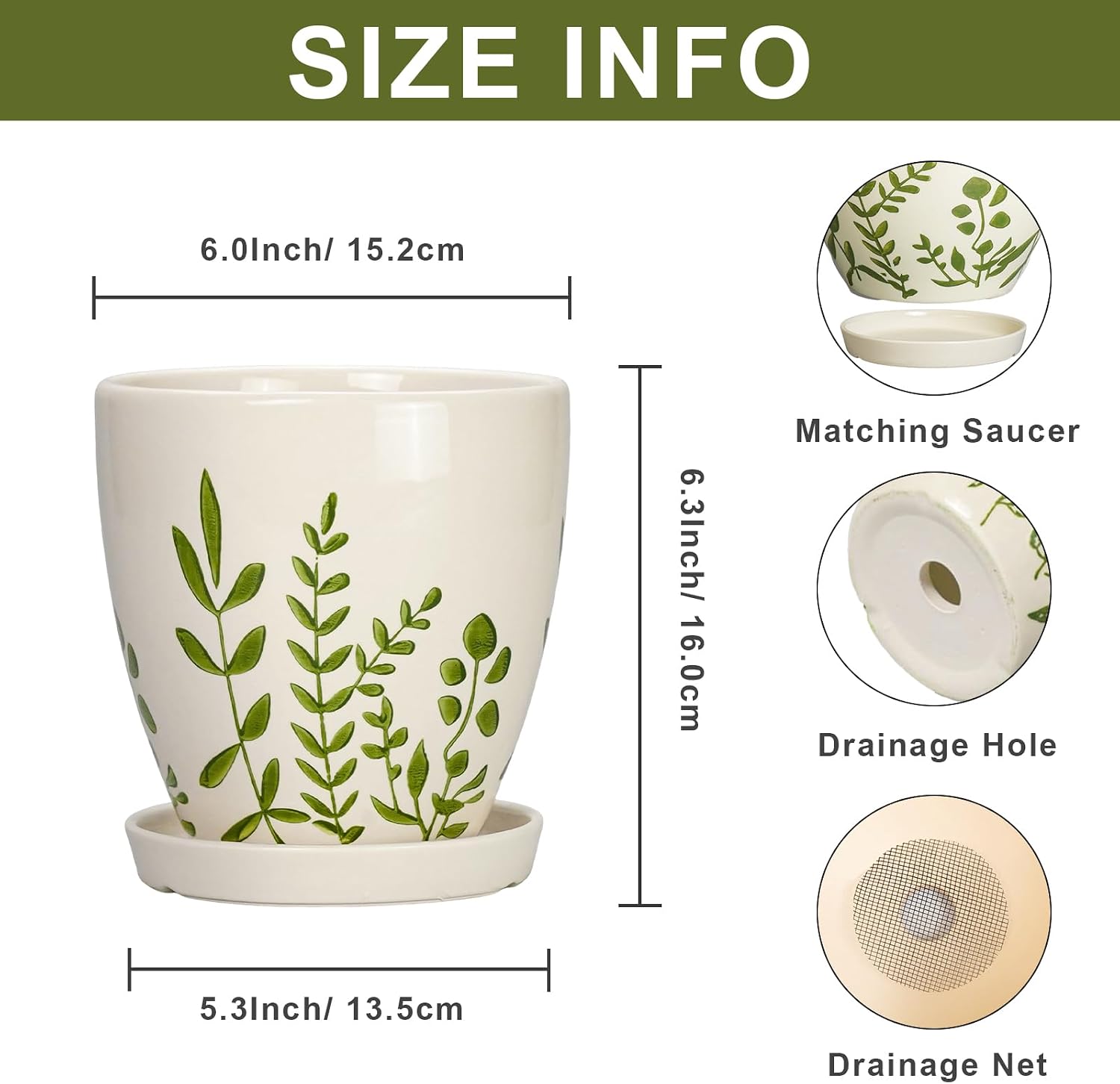 Ceramic Pots for Plants - 6 Inch Plant Pot for Indoor Outdoor Plants, Ceramic Planter with Drainage Hole and Saucer
