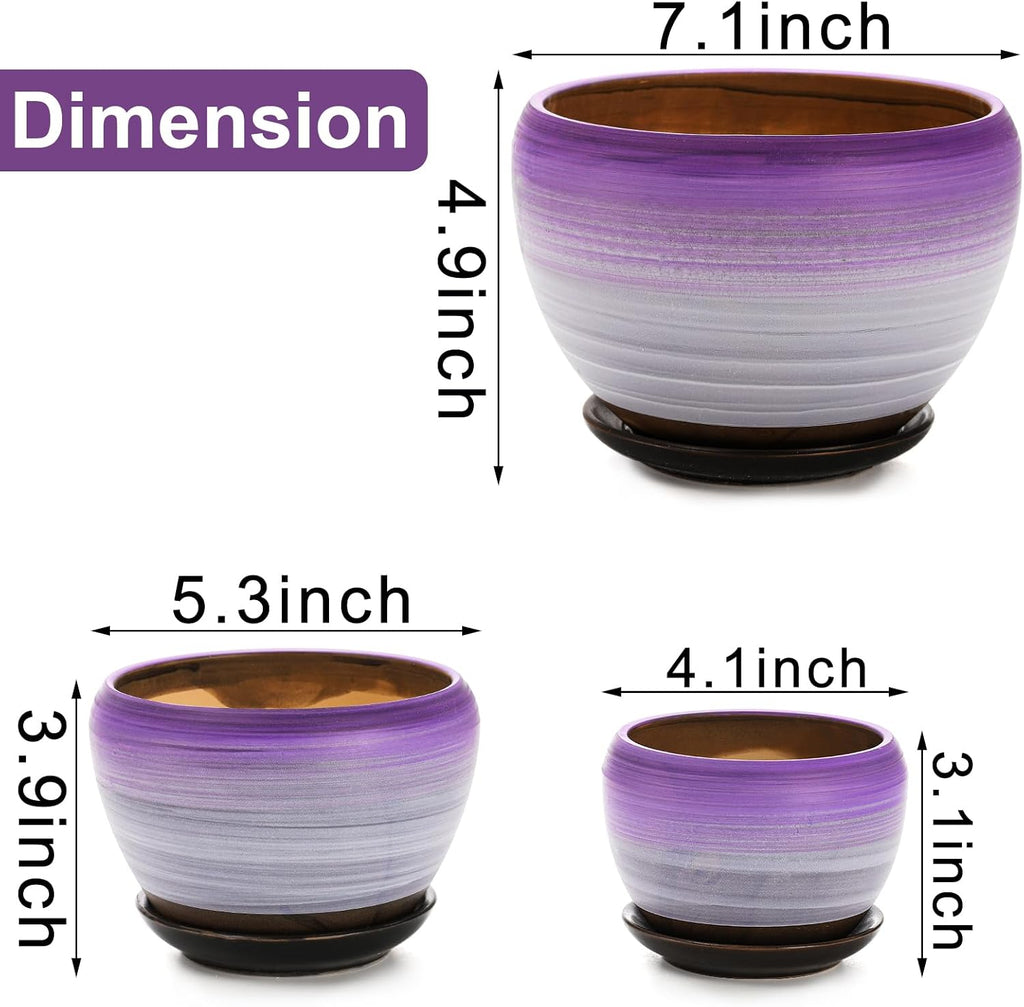 SOUJOY Set of 3 Ceramic Flower Pots, Gardening Plant Pot with Drainage Holes and Saucer, 7/5/4 inch Purple Round