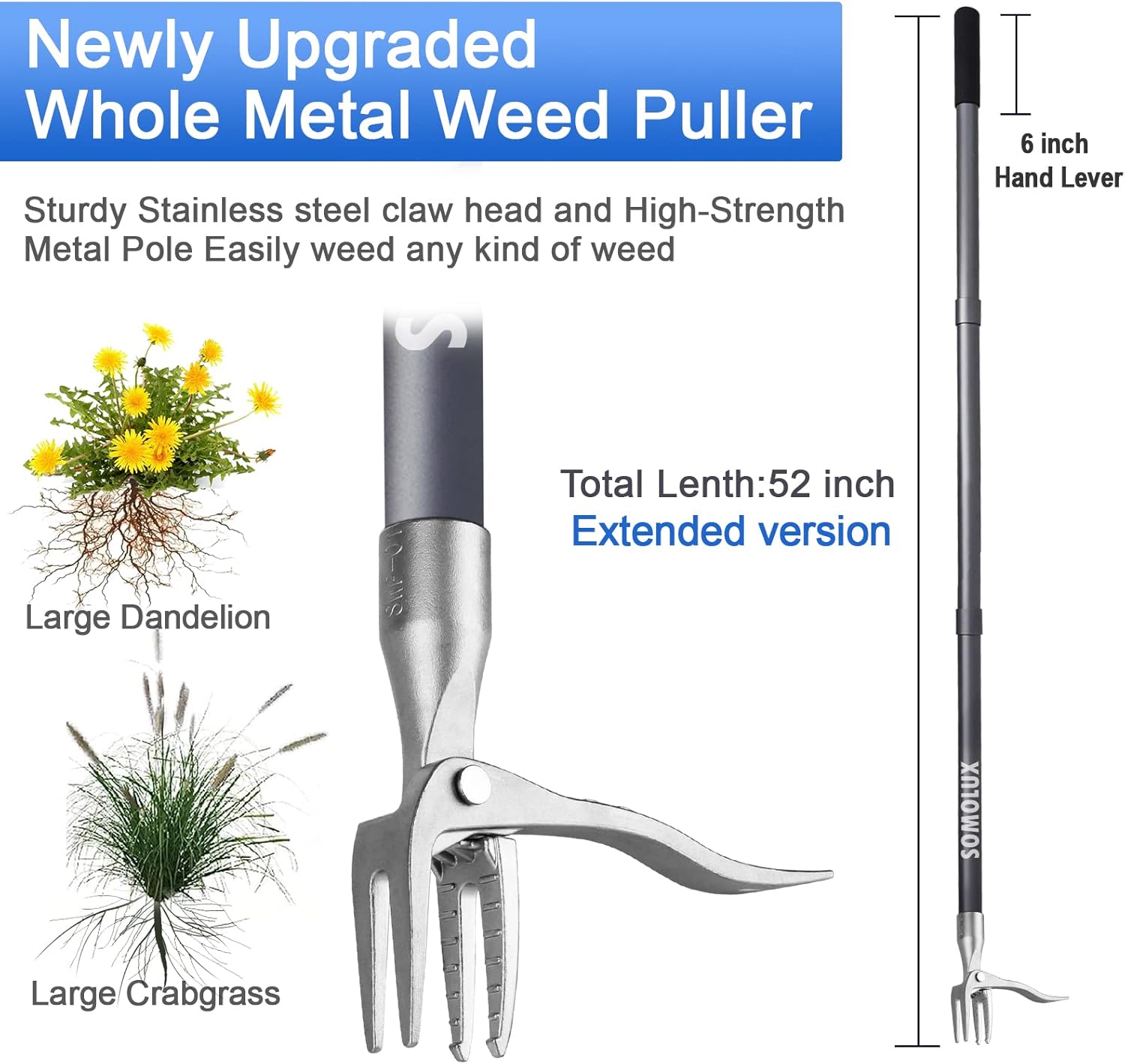 SOMOLUX 52'' Weed Puller Stand-up Weeder Weeding Tool for Gardening Heavy-duty Stainless Steel Claw with Long Metal