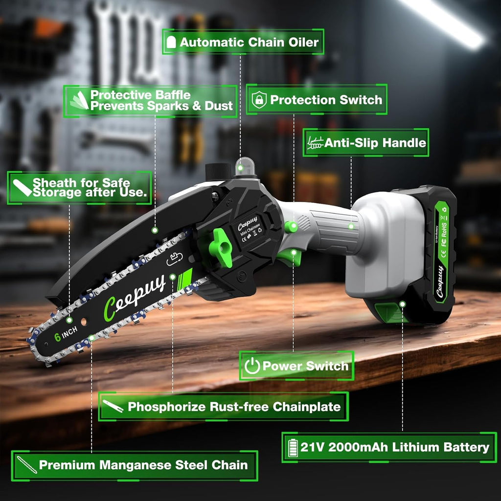 CEEPUY Mini Chainsaw, 6 Inch Portable Electric Chainsaw with 2 Batterys/Automatic Oiler/Security Lock/Powered Small