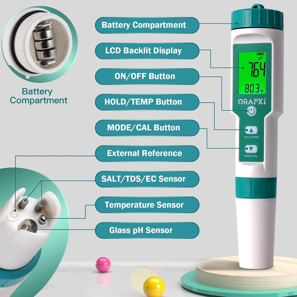 Pool Salt Tester pH and Salt Meter for Saltwater Pool pH Tester | Digital Salinity Tester 5 in 1 pH Salt TDS EC Temp