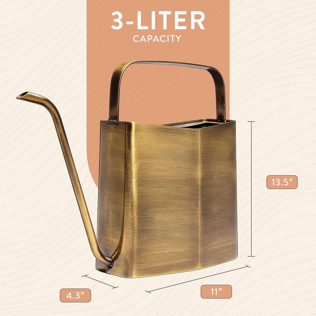 Modern Sprout Brass Plant Watering Can - 3L Stainless Steel - Long Spout | Large Rust Resistant Vessel - Ideal for