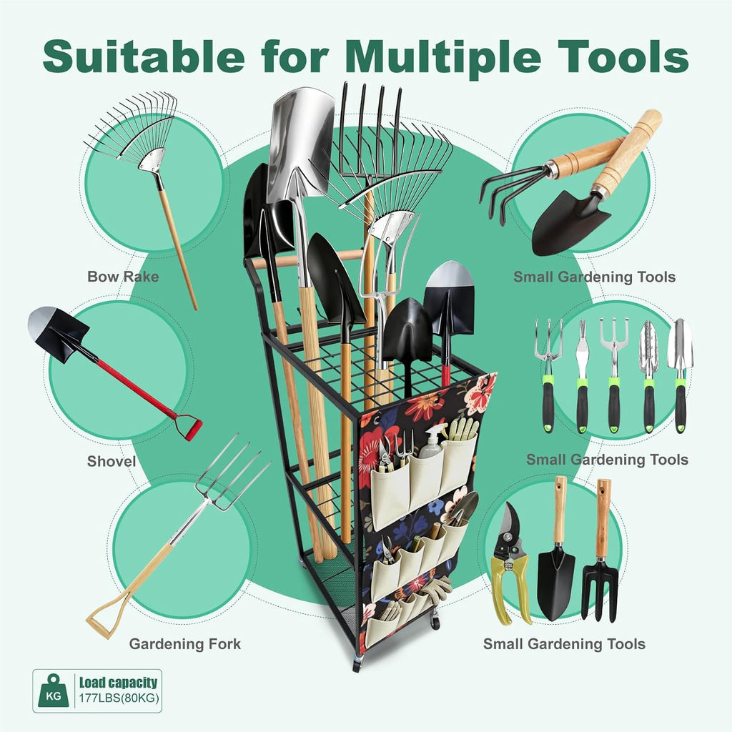 Garden Tool Organizer with Wheels 3 Tier Yard Tool Organizer Rack with Side Storage Pockets Sturdy Metal Steel Holder