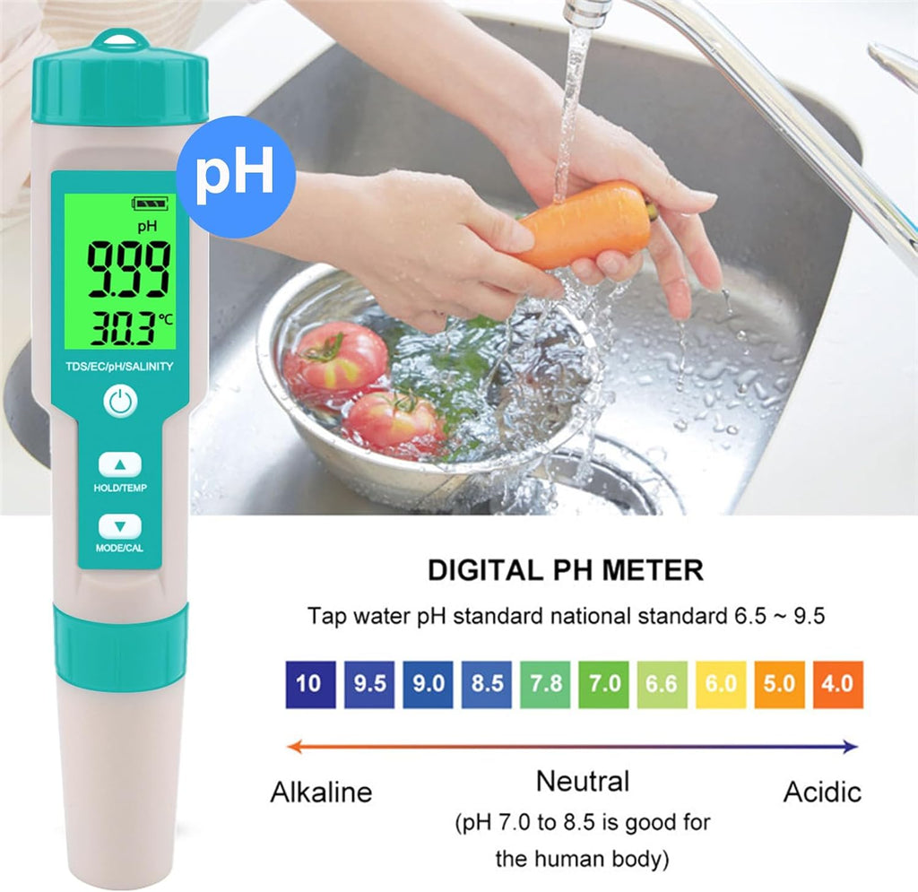 Pool Salt Tester - Multifunctional 5 in 1 Salinity, PH, TDS, EC, and Temperature Meter, Pool Salinity Testing Kit