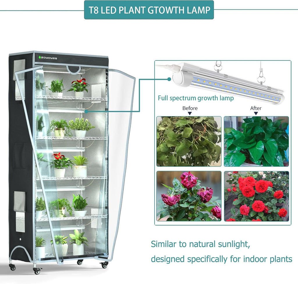 Indoor Greenhouse 6-Tier Plant Stand with Grow Lights & Cover | Fully Covered, Thermometer & Timer | 5 Sets T8 Lights