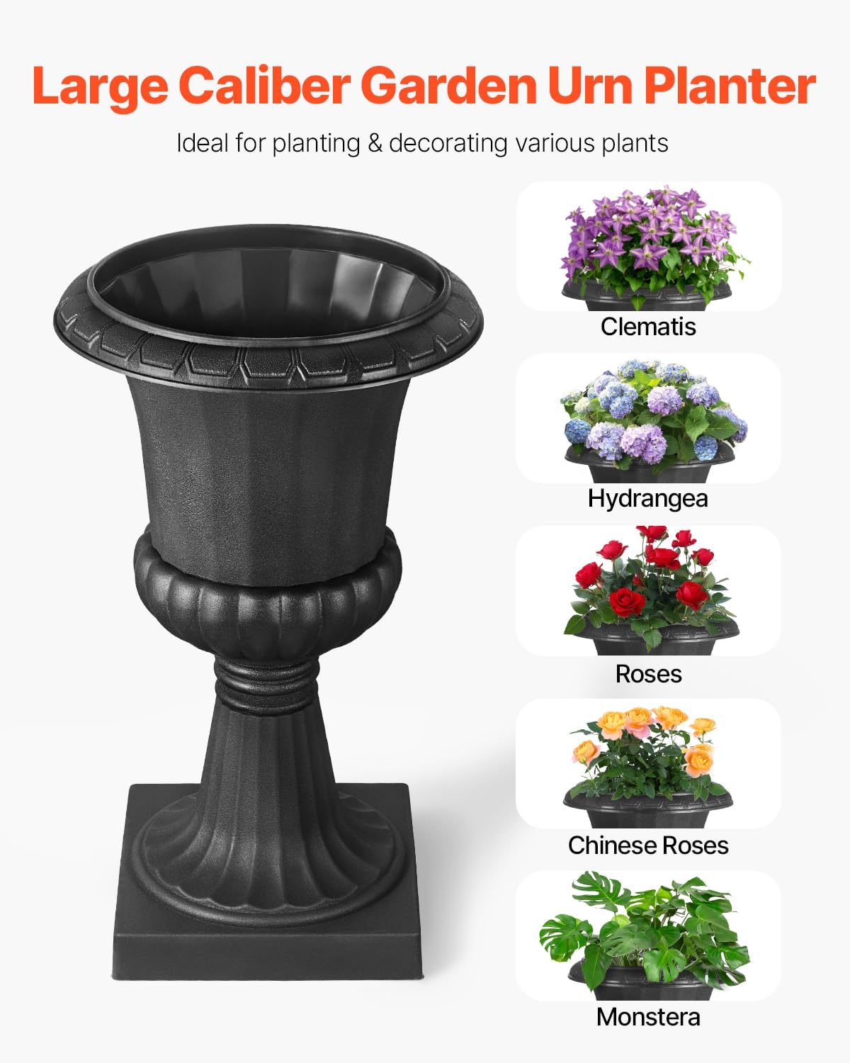 VEVOR Plastic Urn Planters, 15.8 x 26.4 Inch, 2 Pack Black Classic Flower Pots Front Porch Planters, Indoor & Outdoor