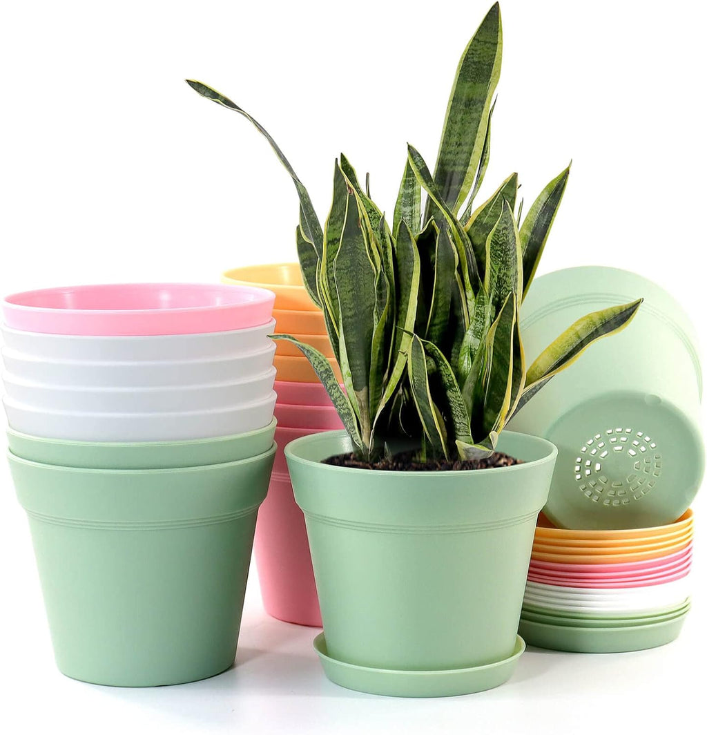 WOUSIWER 16 Pack 6 inch Plastic Planters, Indoor Flower Pots, Heavy Duty and Stylish 6 Inch Plant Pots for Indoor