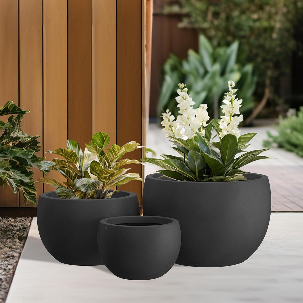 Kante Set of 3 Black Concrete Bowl Planters 20" 15.7" 11.8" Dia | Drainage for Outdoor, Rubber Plug for Indoor Home