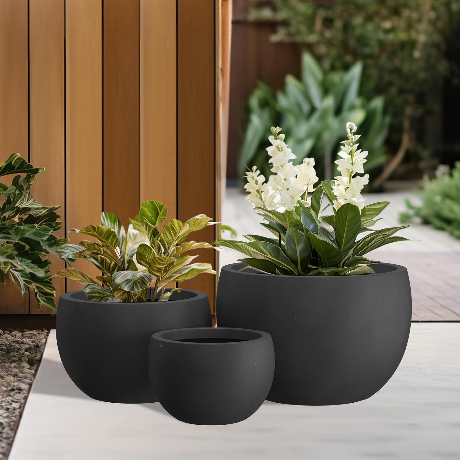 Kante Set of 3 Black Concrete Bowl Planters 20" 15.7" 11.8" Dia | Drainage for Outdoor, Rubber Plug for Indoor Home