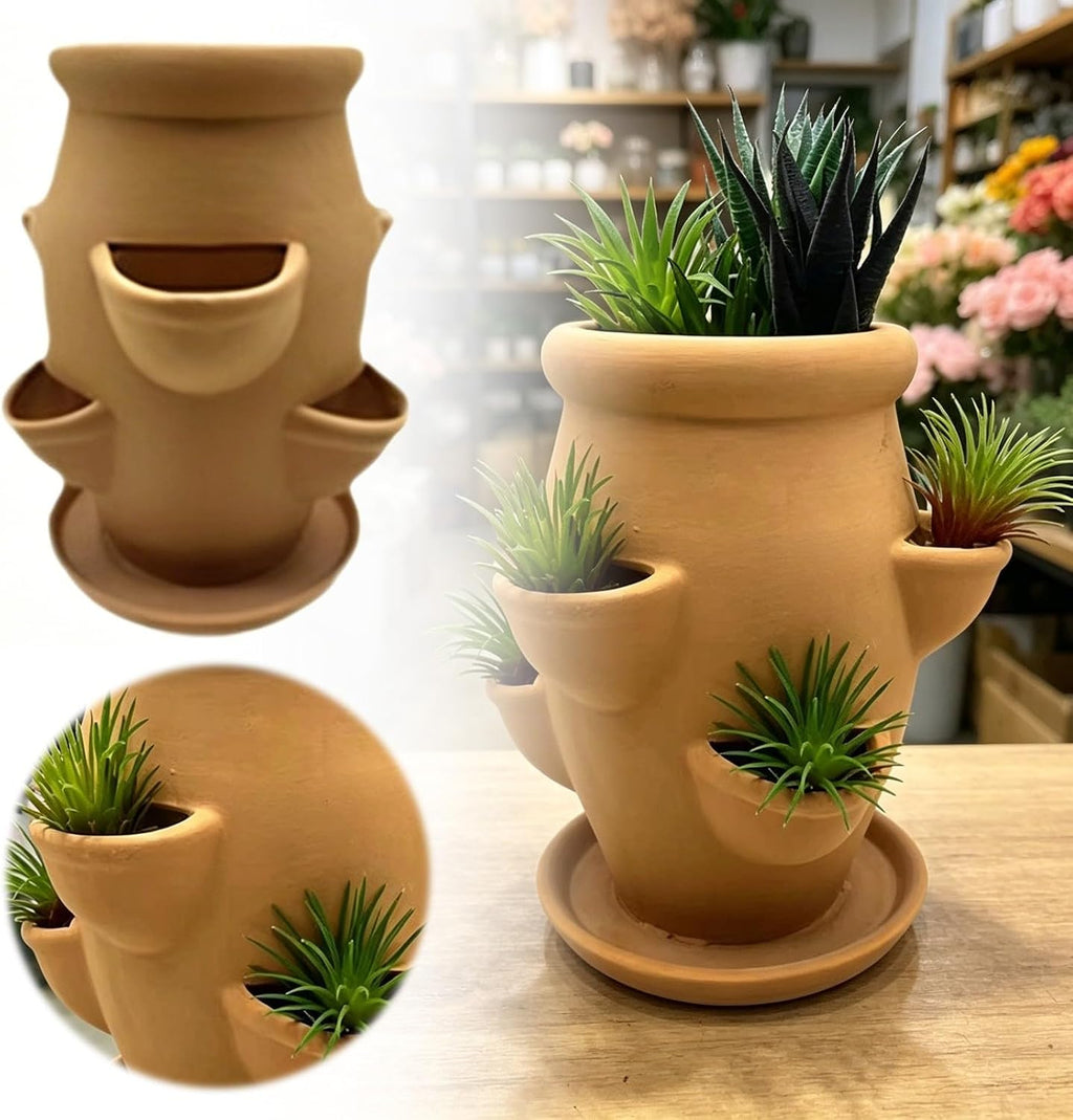 Strawberry Planter Pot Tower,Multi-Pocket Vertical Terracotta Plant Pot,Embossed Stacked Growing Pot for Succulent Herb