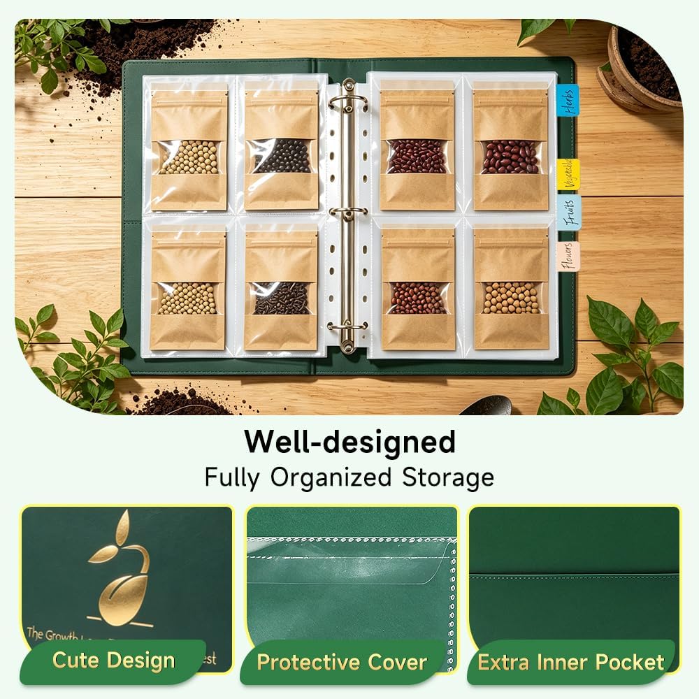 Seed Storage Packet Organizer Binder: Garden Seed Organizer with 45 Sleeves Binder Sheets Hold 170 Seed Packets & 50