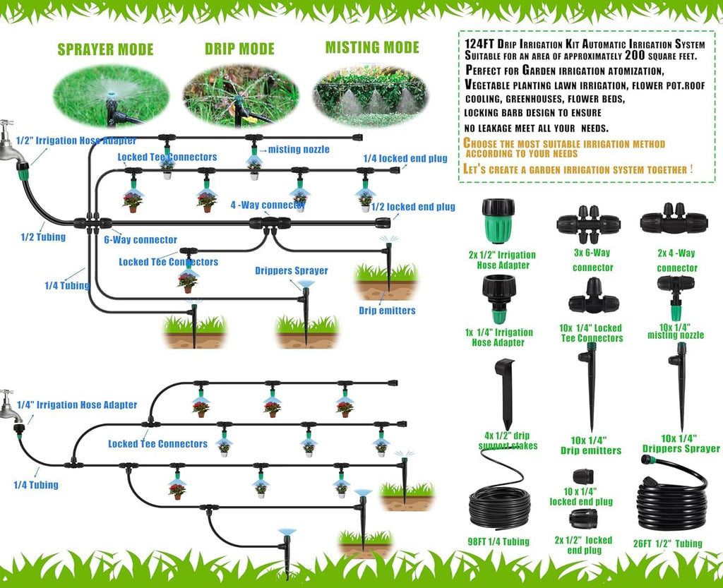 Leak-Proof Drip Irrigation Kit, Quick Connect Irrigation System Kit | Lock Barbed Drip Irrigation Kit, Includes 1/4" &