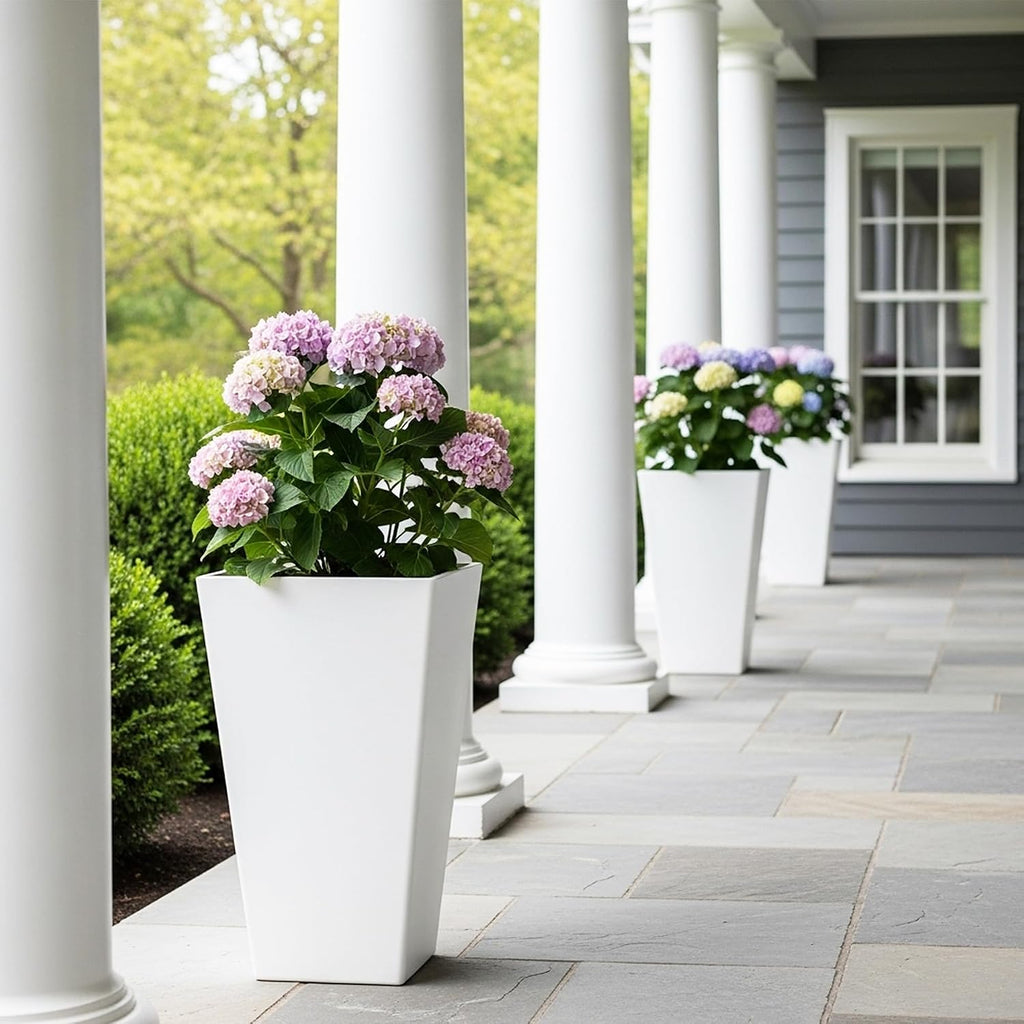 Worth Garden 20" Tall Planters Set of 2 – Large White Tapered Plastic Flower Pots for Indoor & Outdoor Use – Modern