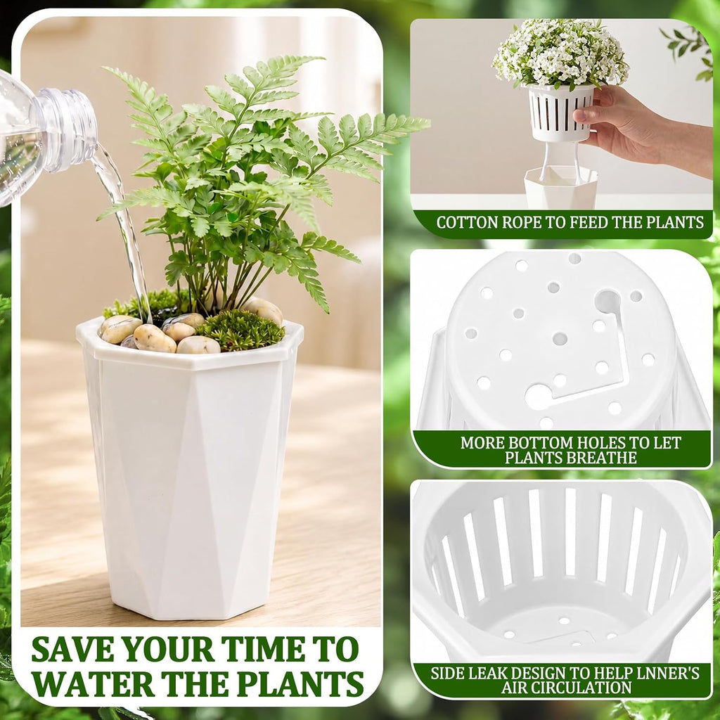 24 Pcs 4" Self Watering Pots for Indoor Plants Plastic Mini Self Water Pots Bulk White Small Flower Planter with Inner