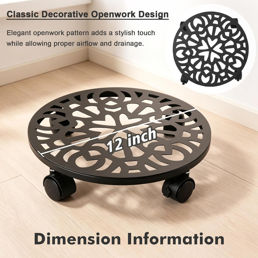 3 Pack Plant Caddy with Wheels, 12 inch Plant Stand with 2 Locking Casters Heavy Duty Metal Plant Dolly Roller for