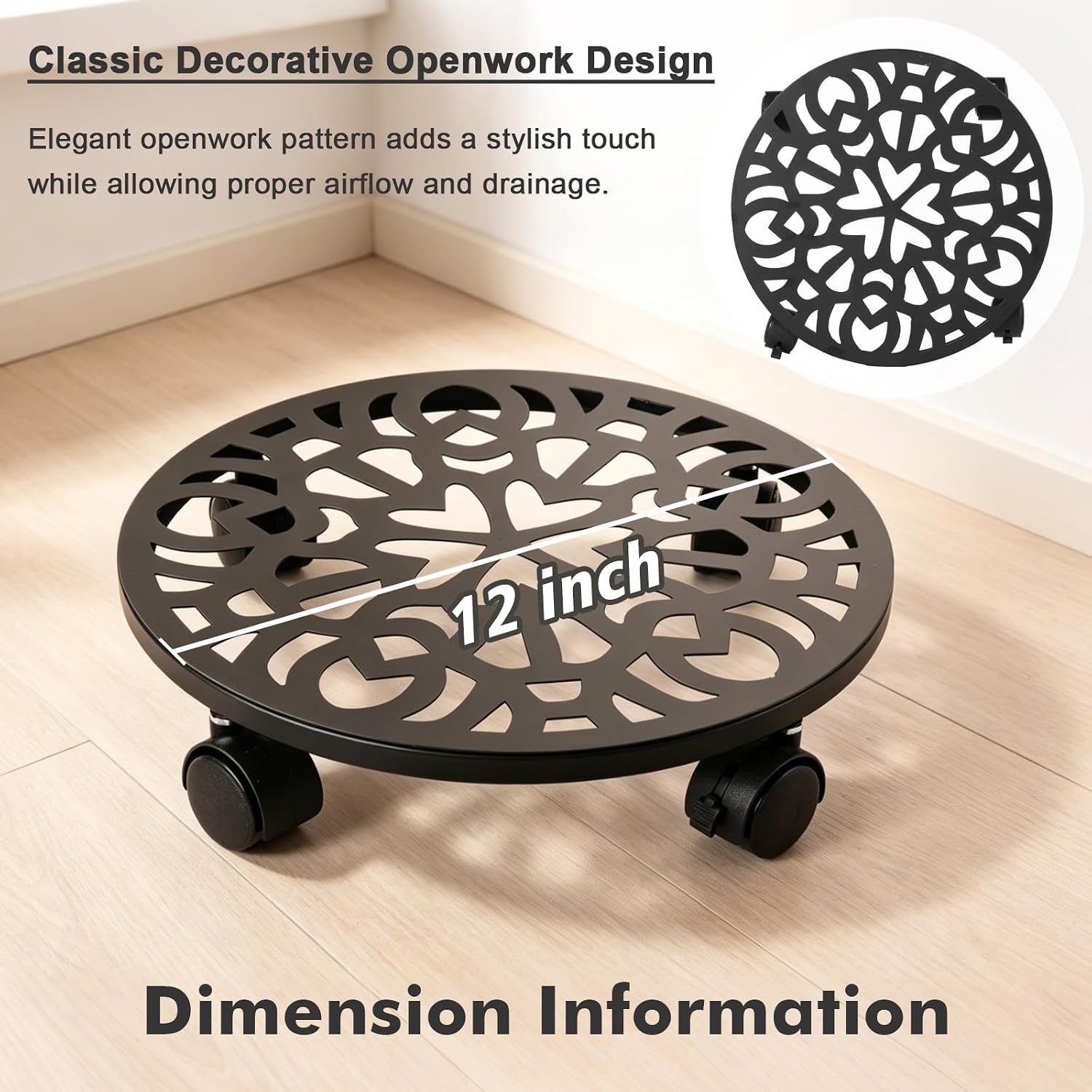 3 Pack Plant Caddy with Wheels, 12 inch Plant Stand with 2 Locking Casters Heavy Duty Metal Plant Dolly Roller for
