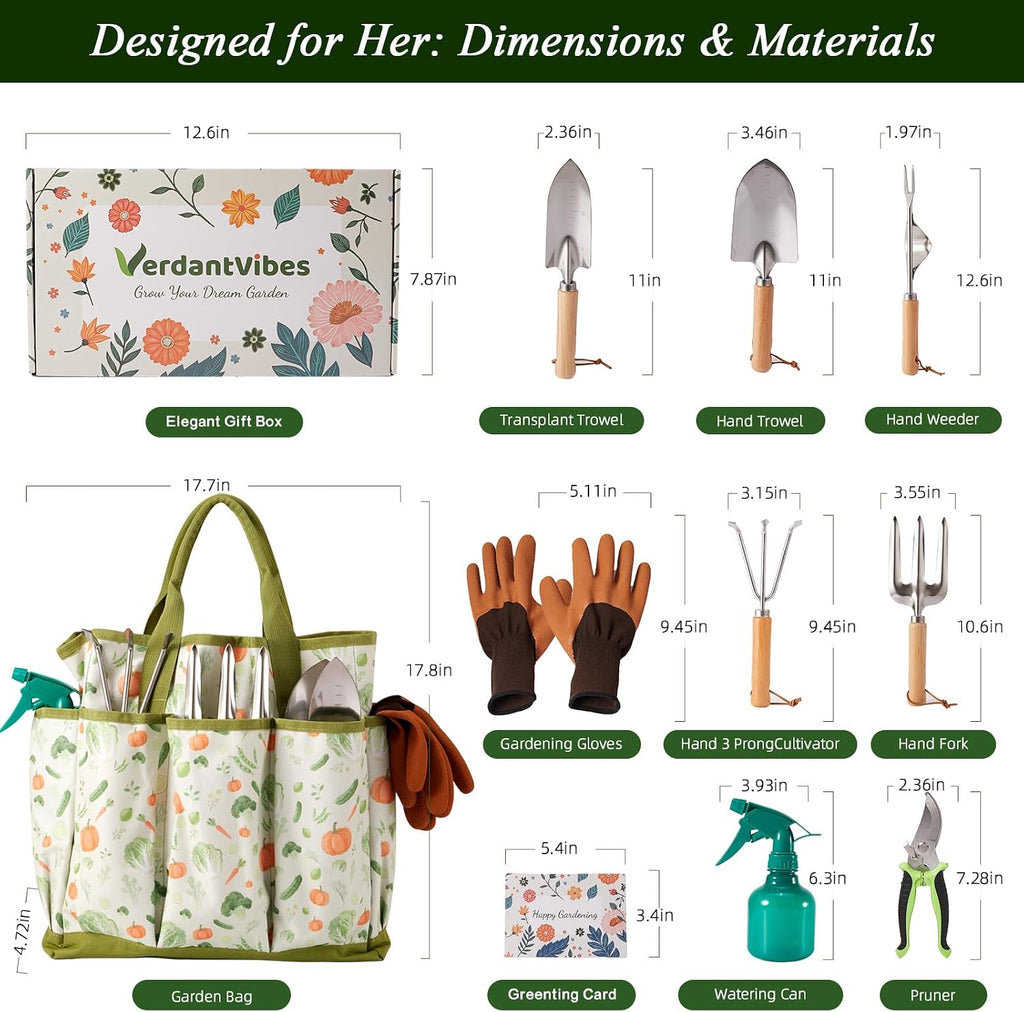 VerdantVibes 10-Piece Garden Tool Set - Heavy Duty Stainless Steel Gardening Kit with Wood Handle, Pruners & Vegetable
