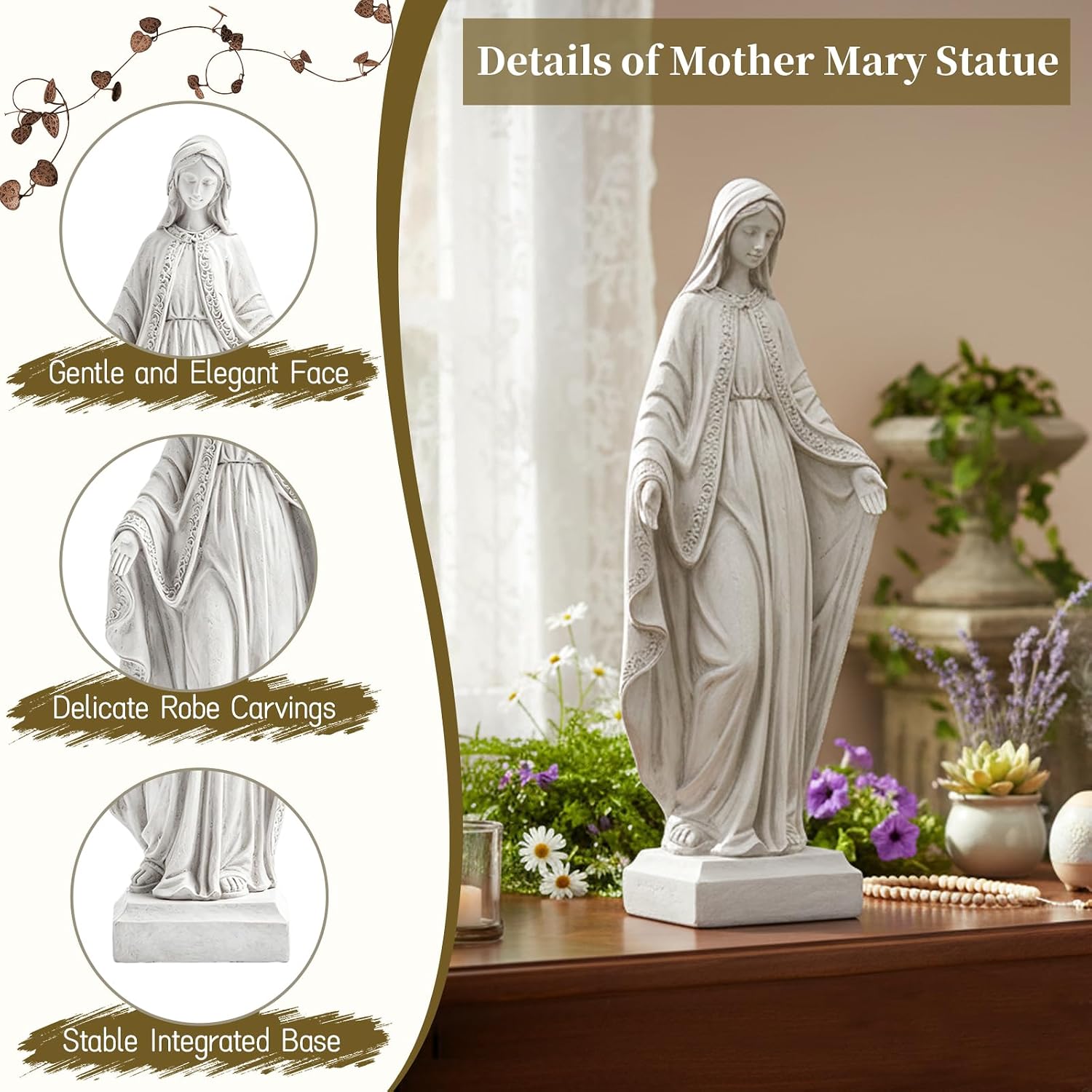 Virgin Mary Statue, 15" H Resin Blessed Mother Mary Statue | Religious Virgin Mary Statue Outdoor, Catholic Home Decor