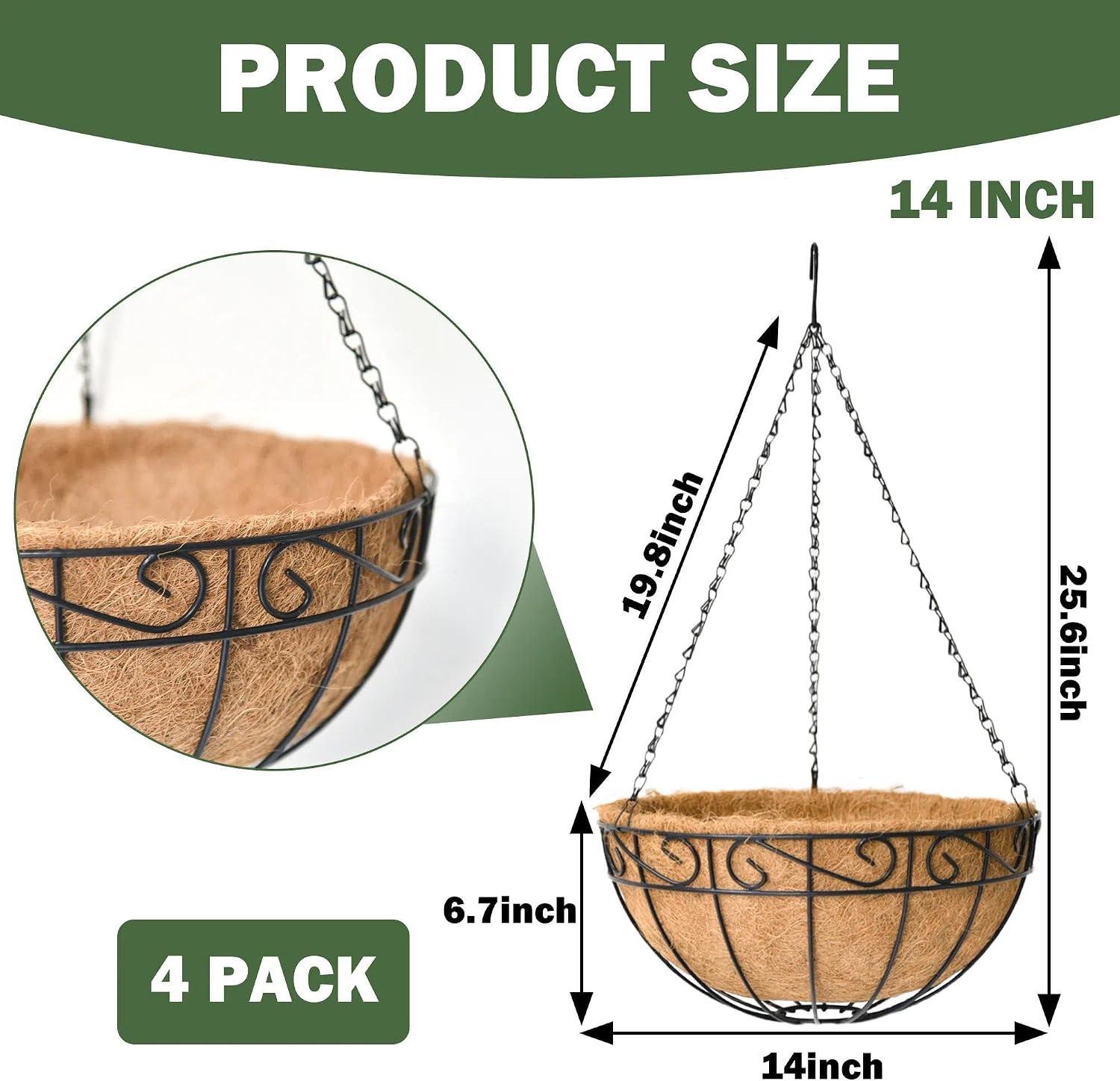 4 Pack 14 Inch Hanging Baskets for Plants Outdoor Metal Hanging Planter Basket with Coco Coir Liner Hanging Flower Pots