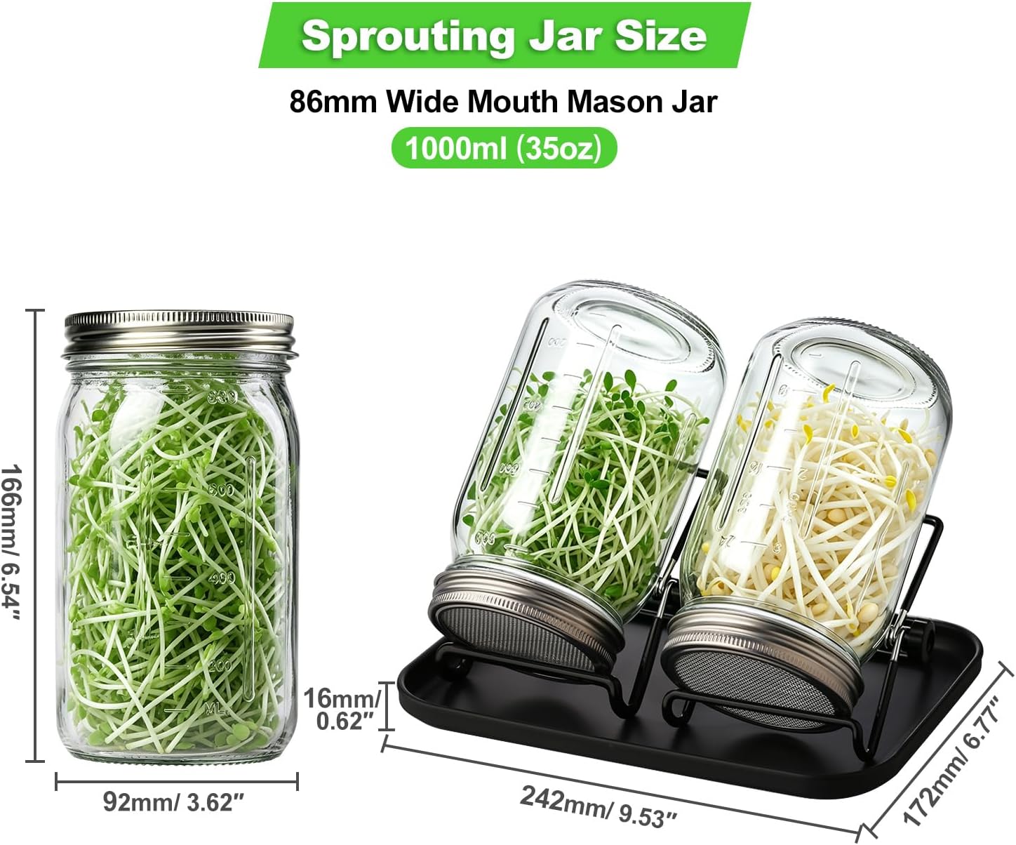 Sprouting Jar Kit 4 PCS 1000ml(35oz) Wide Mouth Mason Jars with 304 Stainless Steel Sprout Lids Drain Tray Stainless