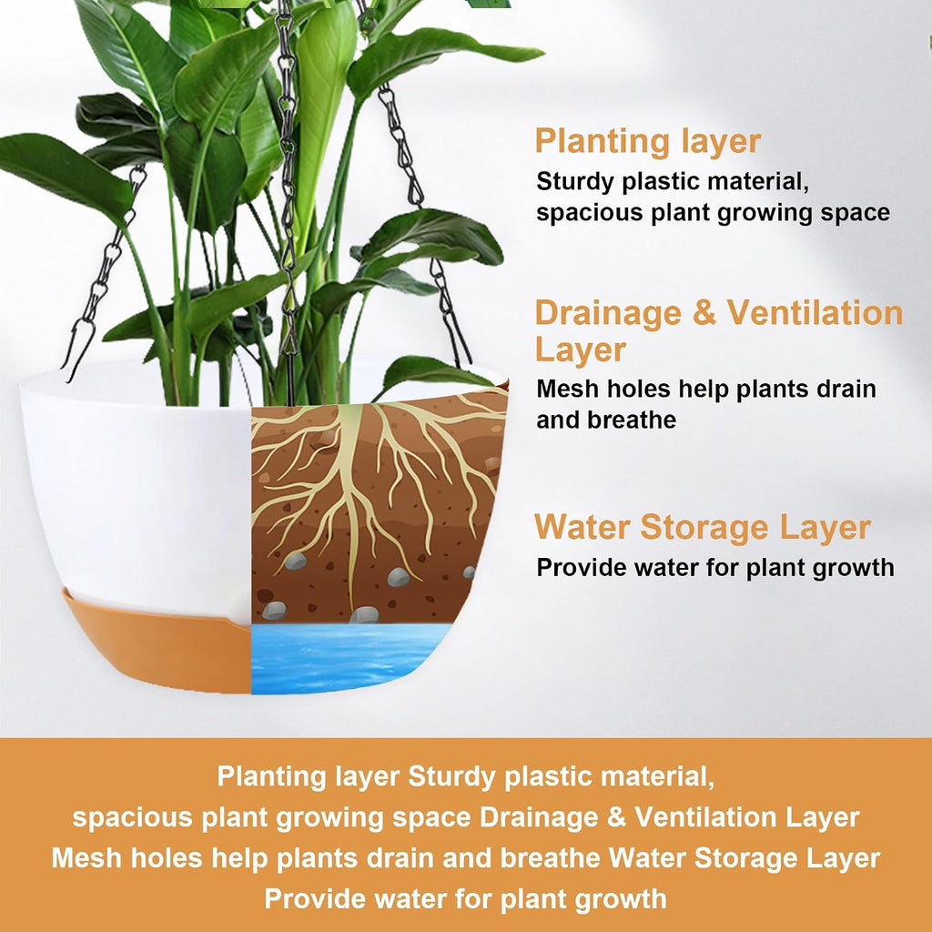 KPUVX 10 inch Hanging Planters Self Watering Pots, 3 Pack, White | For Indoor Plants, Plastic Hanging Basket, Removable