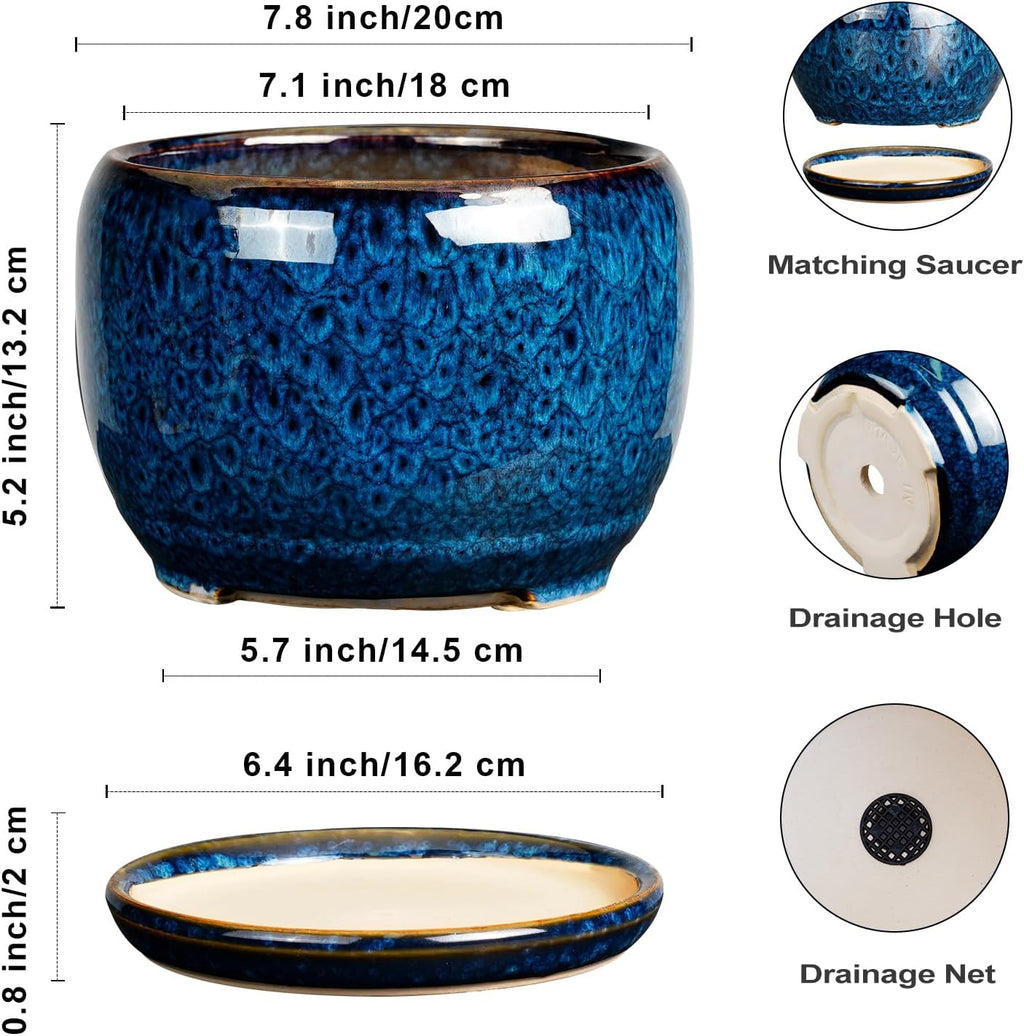 SQOWL Ceramic Planter 8 Inch - Pot for Indoor Outdoor Plants Round Ceramic Plant Pot with Drainage Hole and Saucer