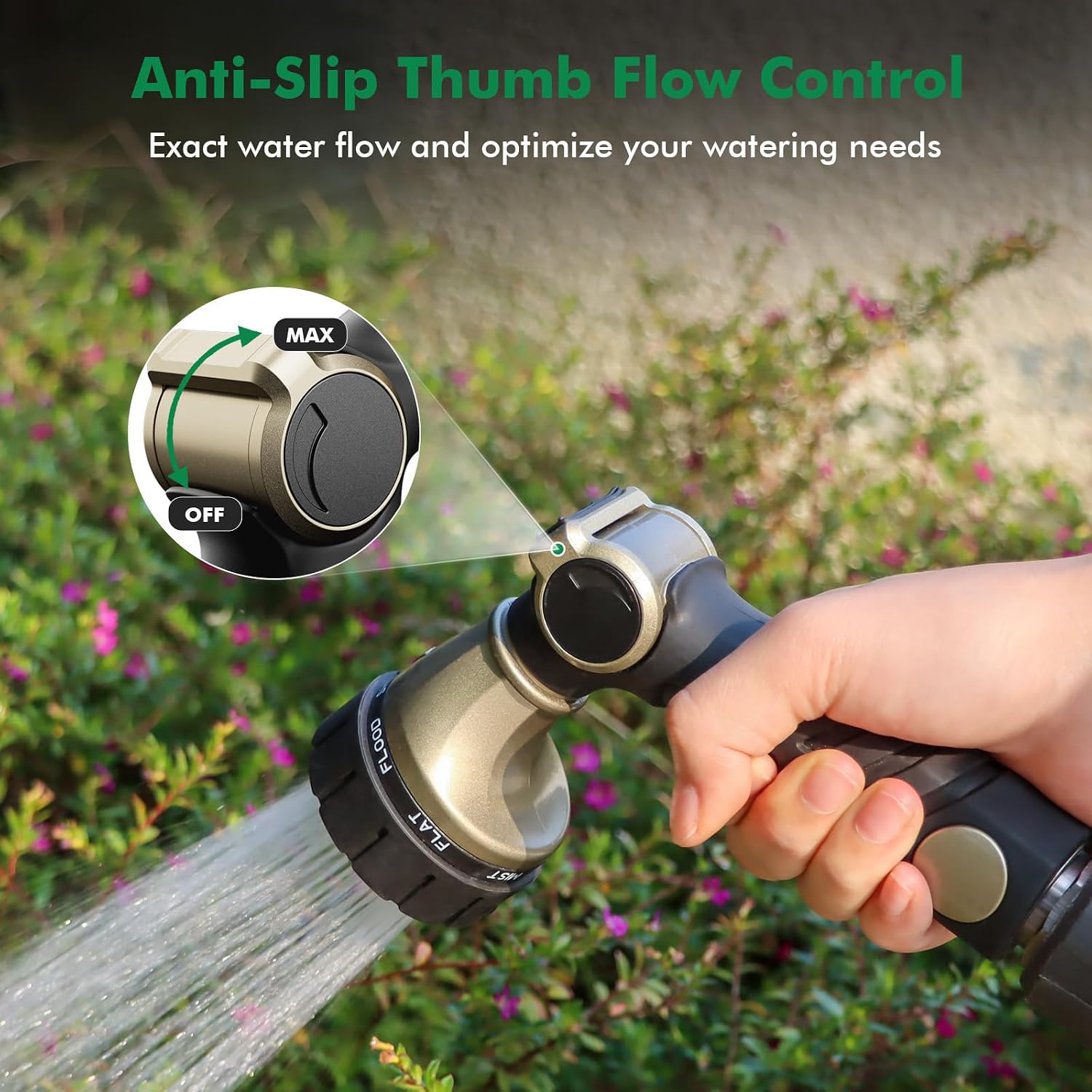 RESTMO Heavy Duty Hose Nozzle, Metal Garden Water Hose Sprayer | 7 Watering Patterns, Thumb Control, On Off Valve, Leak