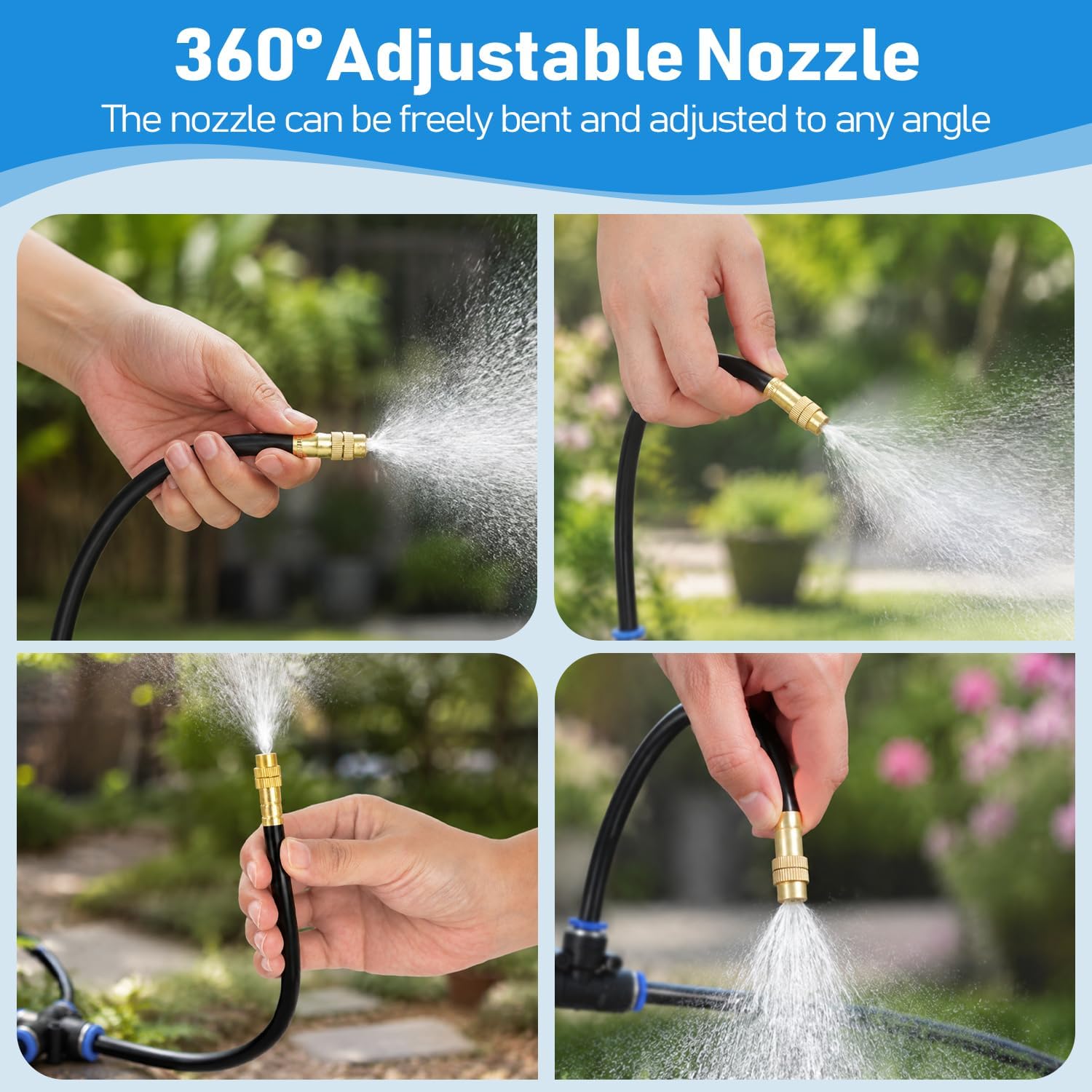 360° Adjustable Drip Irrigation System Kit, 50 FT Garden Watering System with 15 Copper Nozzles, Automatic Misting