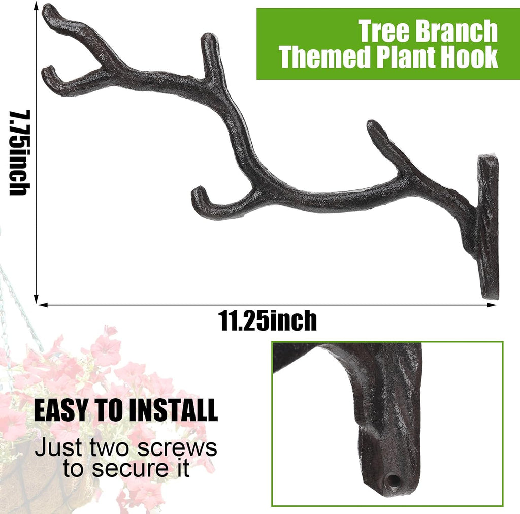 Blulu 2 Pcs 11'' Cast Iron Tree Branch Plant Hangers Decorative Metal Wall Bracket Hooks Wall Heavy Duty Home Storage