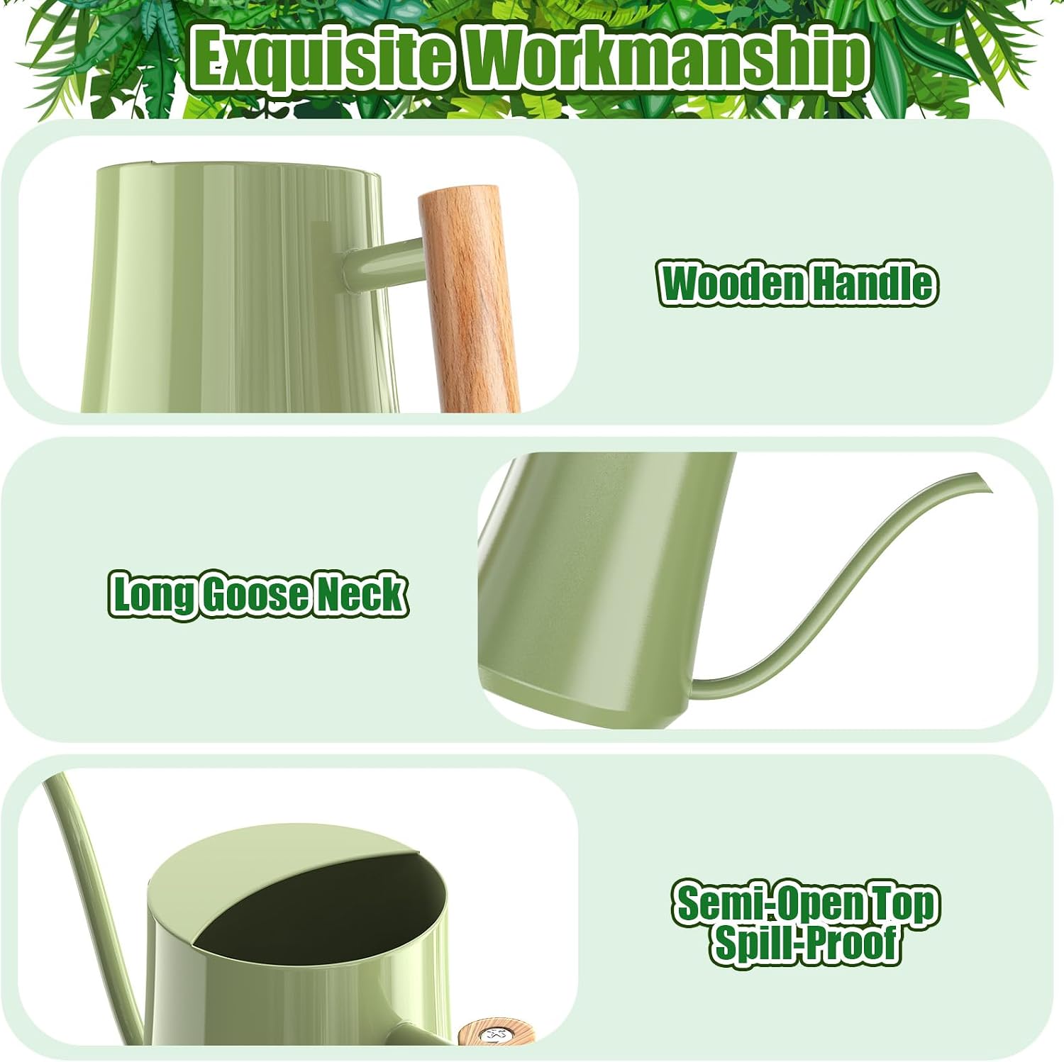 1L/35oz Metal Watering Can Indoor with Long Spout, Sage Green | Metal Stainless Steel Watering Can with Wood Handle for