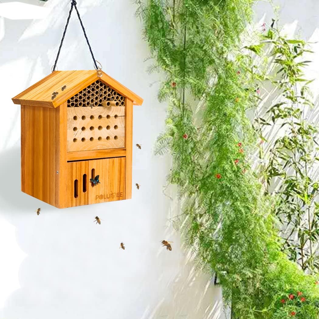 Mason Bee House -Wax Coated Mason House for The Garden,Natural Handmade Wooden Mason Home, Attracts Peaceful Bee