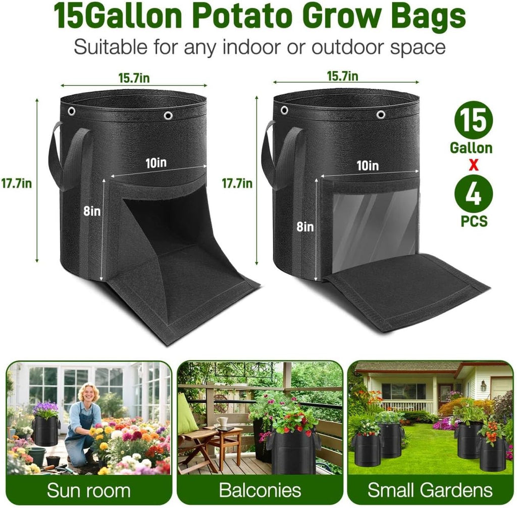 4 Pack Potato Grow Bags 15 Gallon with Harvest & Visible Window Thickened Garden Bags to Grow Vegetables with Handles &