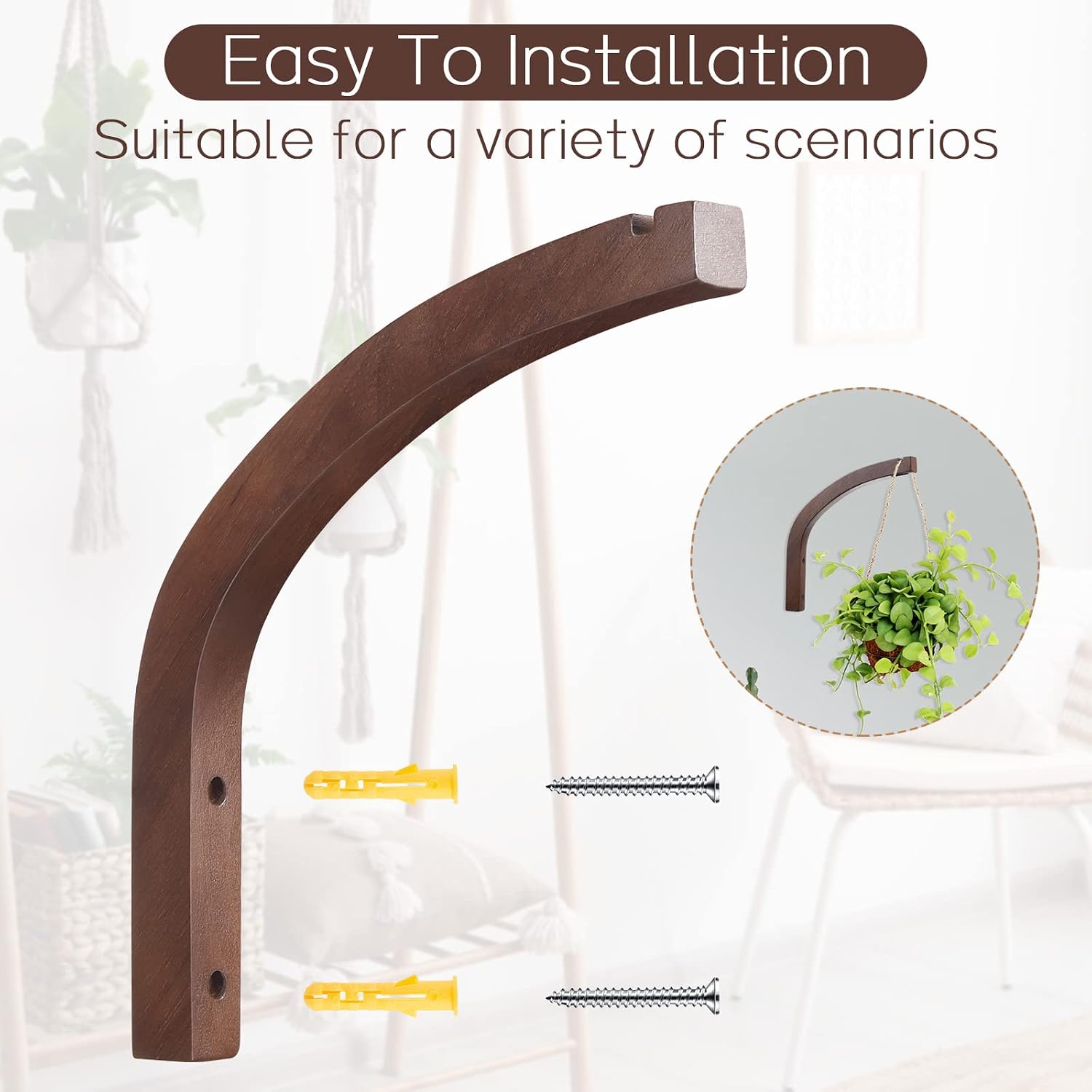 4 Pack 8 Inch Wooden Plant Hanger Wall Mount, Plant Hanging Bracket Hook for Indoor Outdoor, Hanging Bracket for Flower