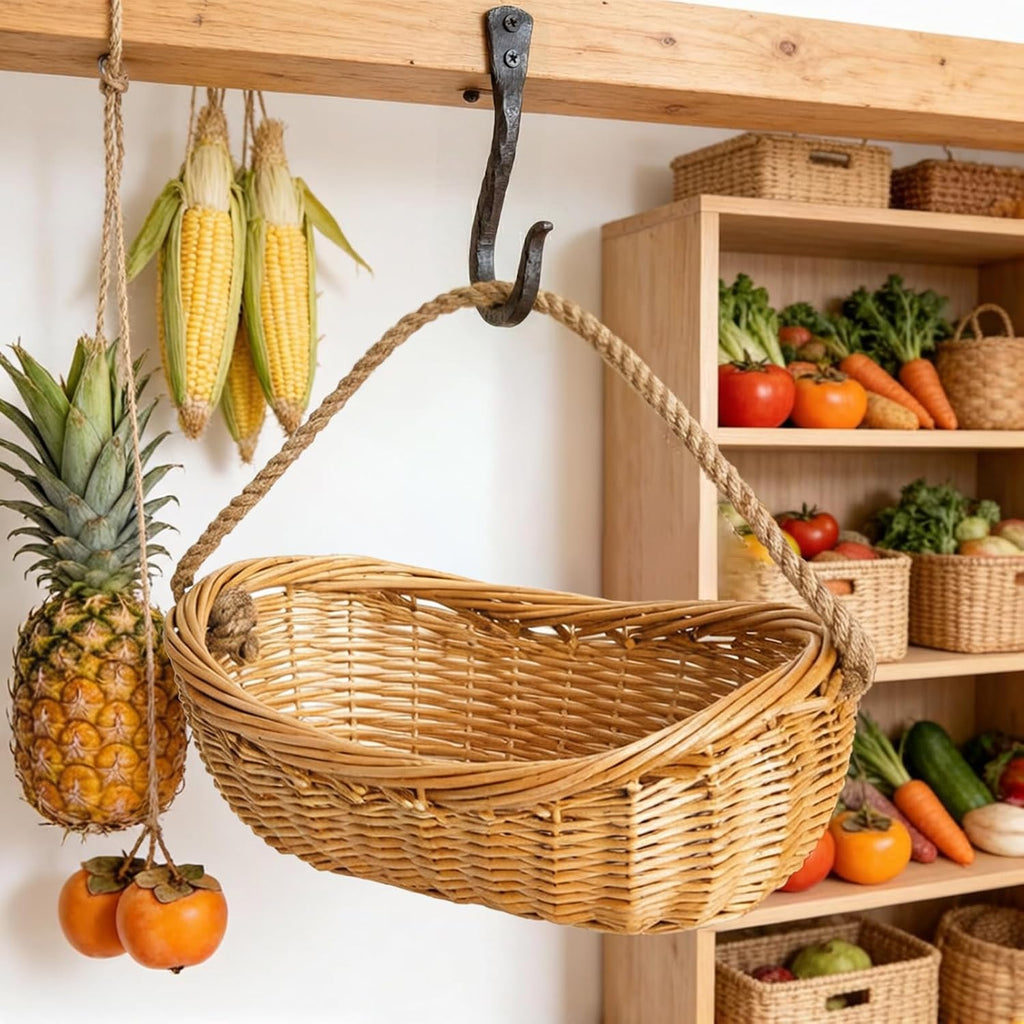 Wicker Woven Basket with Jute Rope Handle, Large Garden Harvest Basket for Gathering Vegetables, Multi-functional Fruit