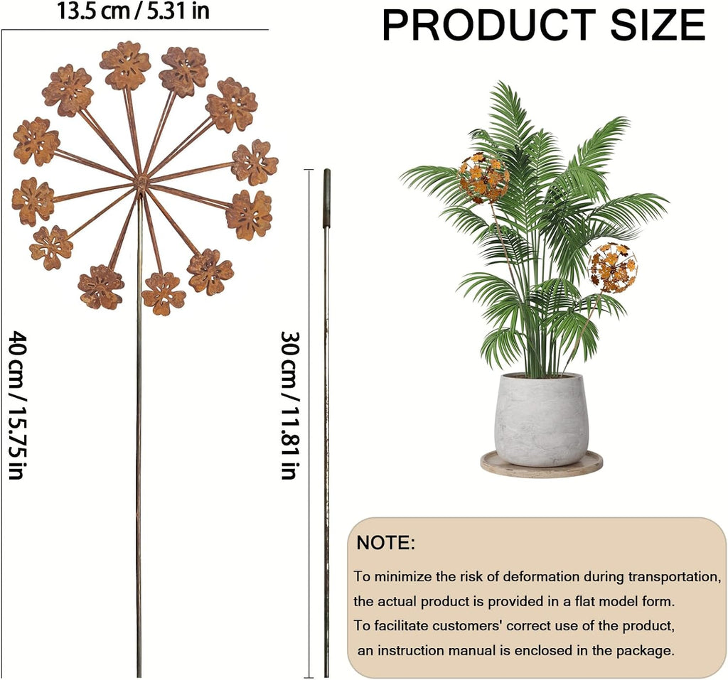 Rustic Dandelion Garden Stakes 2 Pack, 3D Rusty Metal Flowers Sculpture | Decorative Garden Stake, Outdoor Yard Art
