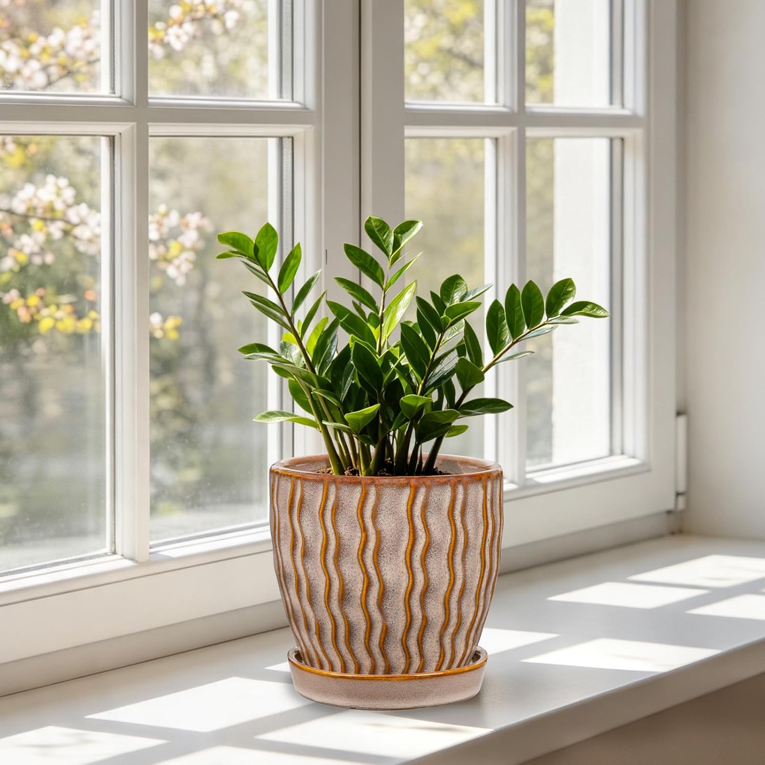 Ceramic Plant Pots with Drainage Holes and Saucers, Set of 3, 4.5 Inch | Stripe Texture Planter Pots for Outdoor Indoor