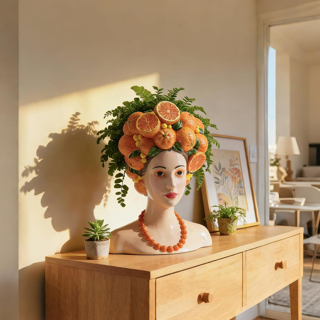 DiliComing Head Planter Succulents Plant Pots - 11 Inch Orange Resin Lady Face Planters for Outdoor Indoor Plants