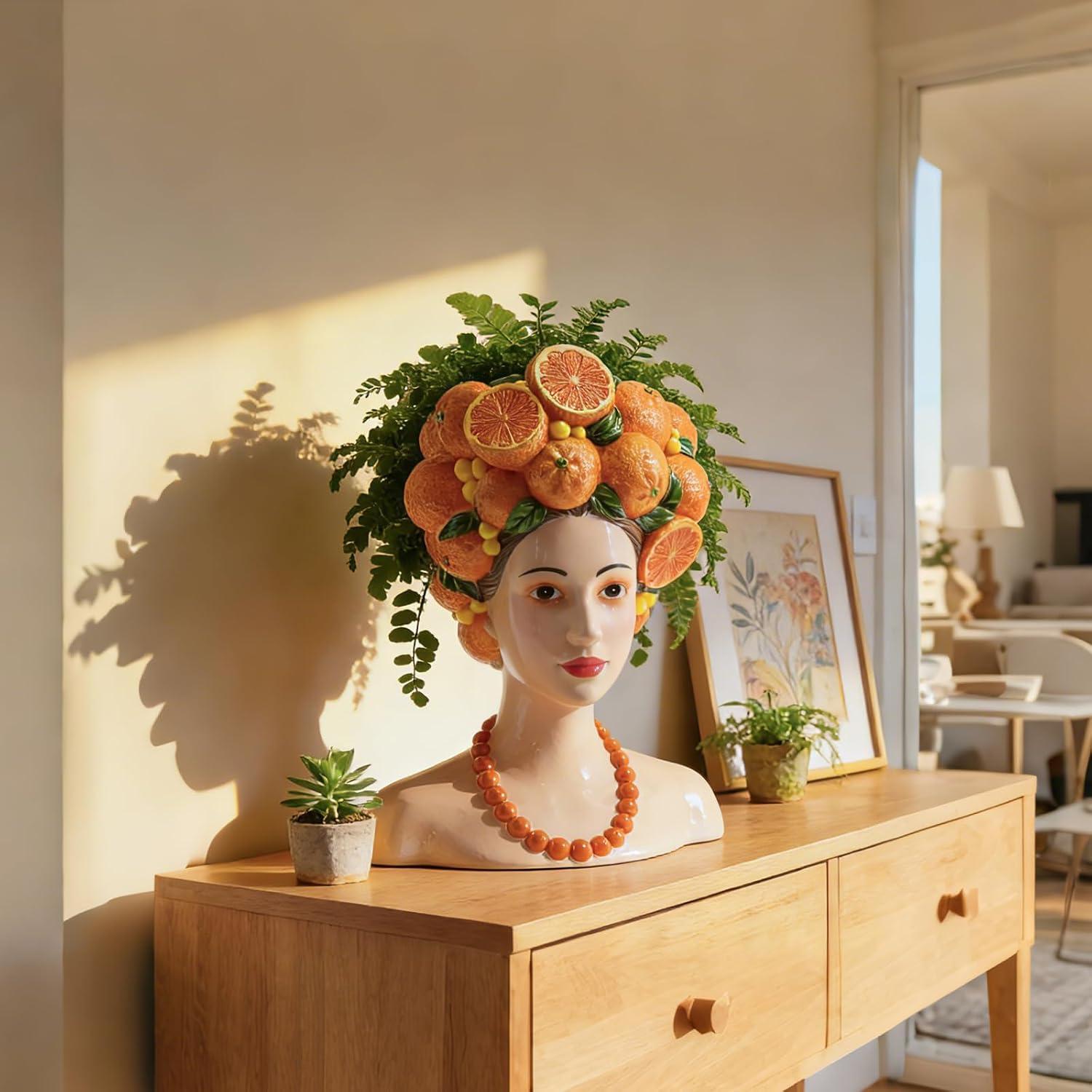 DiliComing Head Planter Succulents Plant Pots - 11 Inch Orange Resin Lady Face Planters for Outdoor Indoor Plants