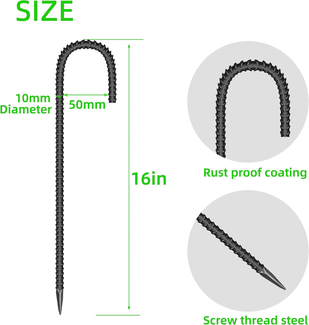 10 Pieces 16-Inch Garden Ground Stakes Galvanized Steel J Shape Hook Rebar Stake - Heavy DutyAnchors for Tents
