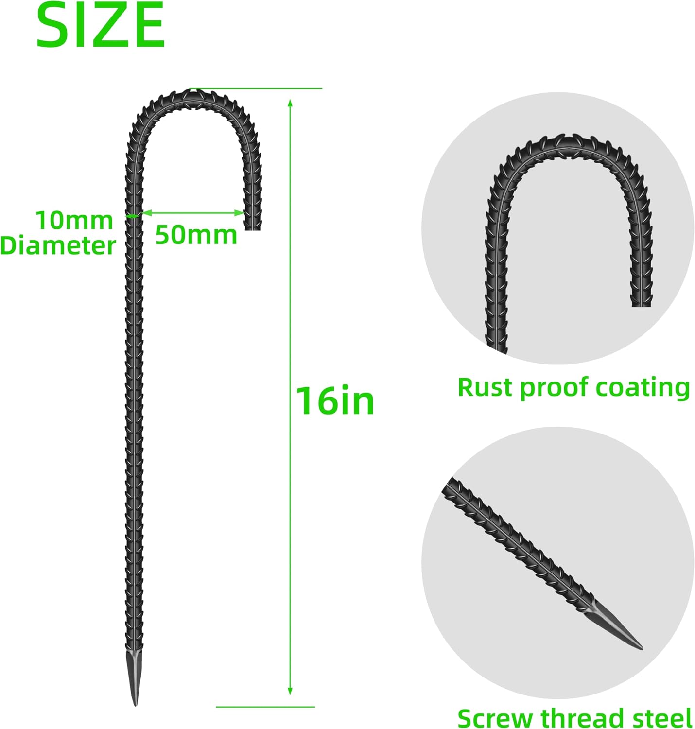 10 Pieces 16-Inch Garden Ground Stakes Galvanized Steel J Shape Hook Rebar Stake - Heavy DutyAnchors for Tents