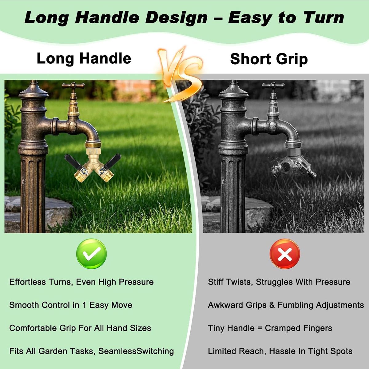 Garden Hose Splitter 2 Way,Brass 3/4" GHT with Long Handles | Heavy-Duty Brass Y Connector with Shut Off Valves,Water